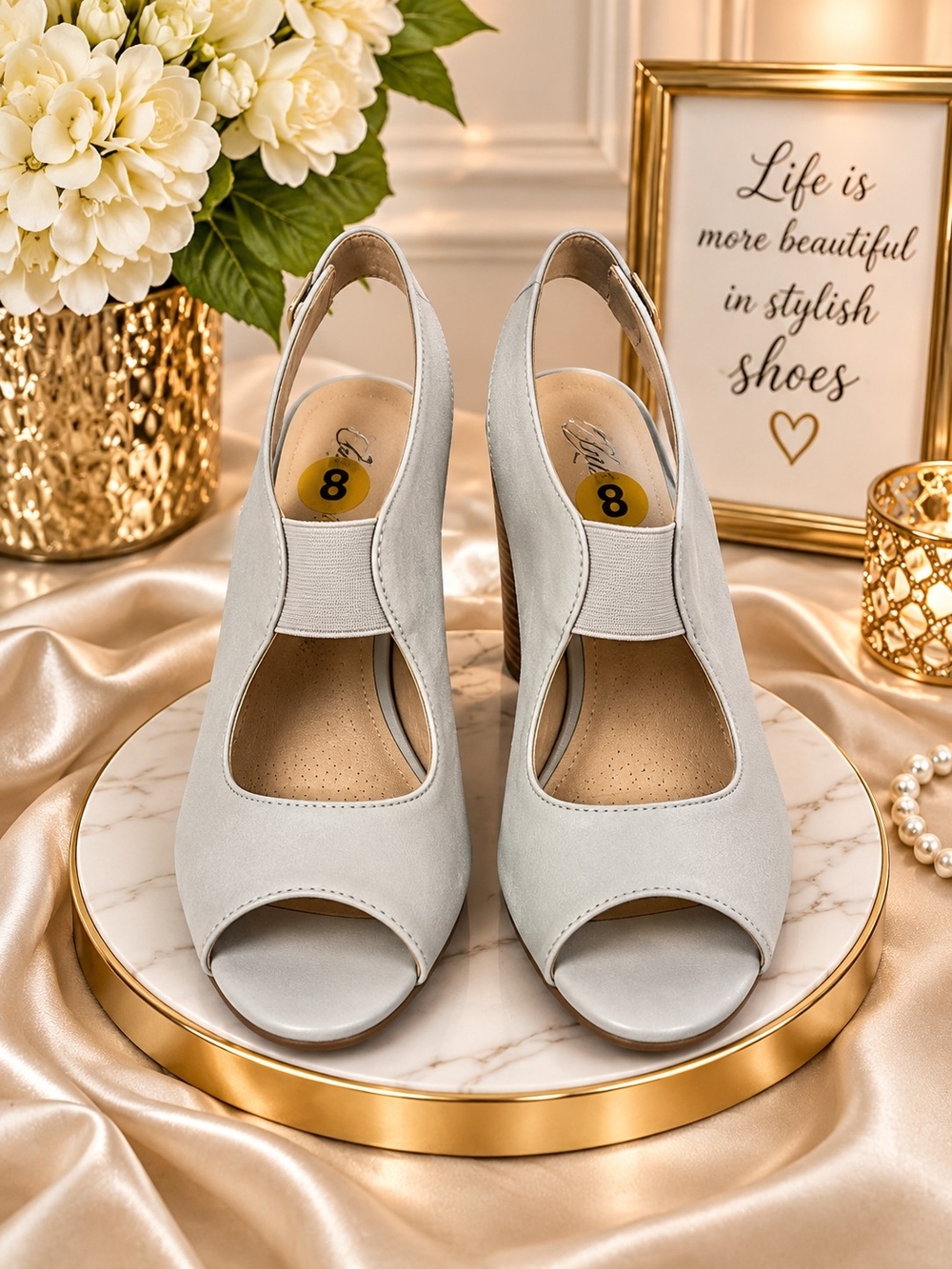 Life Stride Light Gray Open-Toe Slingback Heels
